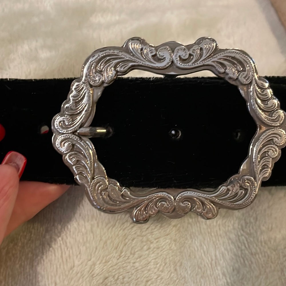 Black Velvet Vintage Belt w/ Unique Silver Hardware & Leather Lining